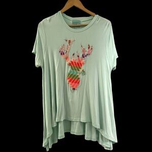 Judith March Anthropologie Tunic T-Shirt Size M Aqua Deer Buck Patchwork Top